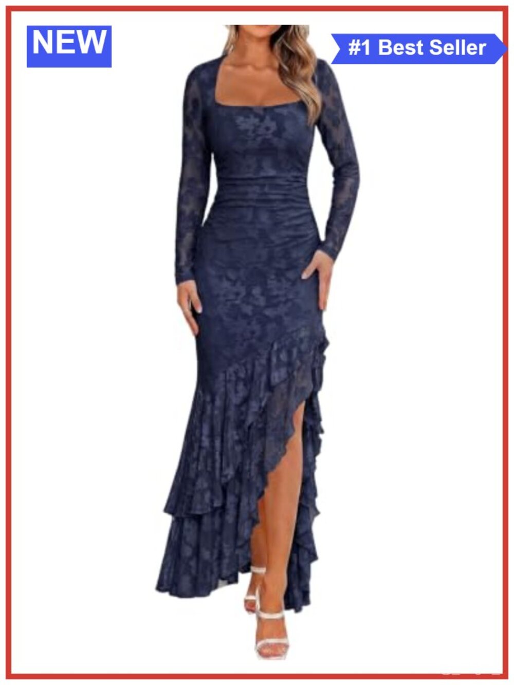 Elegant Long Sleeve Maxi Dress Mesh Ruffle Hem Wedding Guest Formal